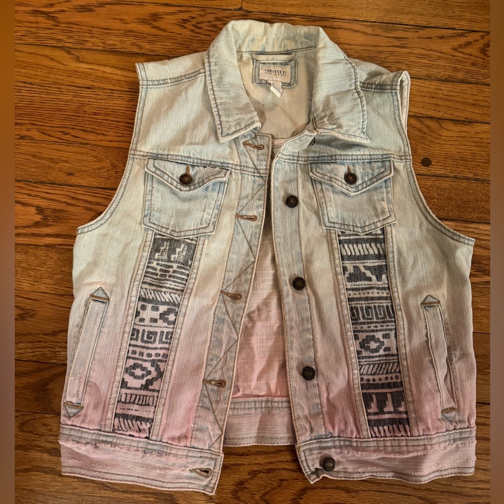 Medium Tribal Ombré Jean Vest Blue and Pink Forever 21